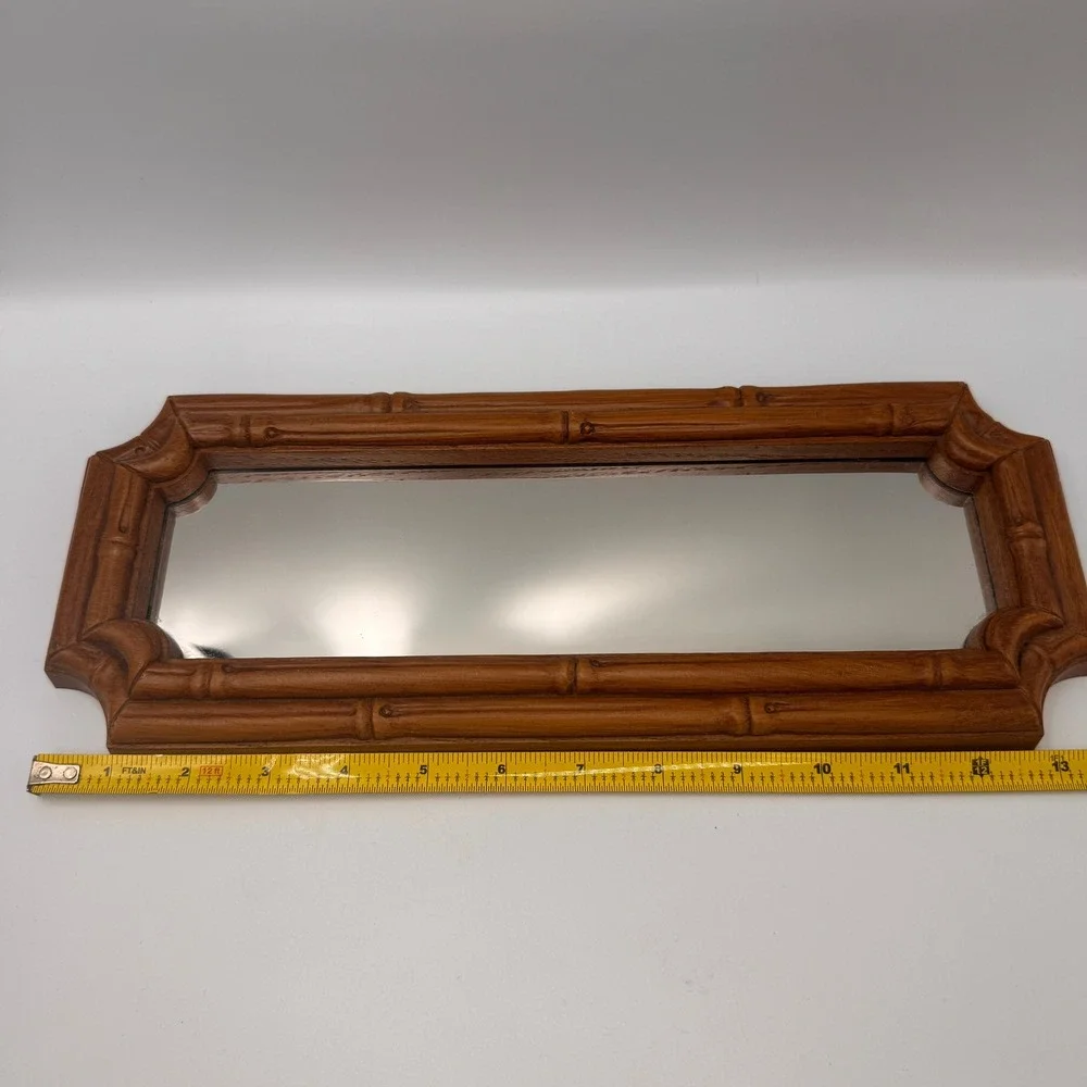 Vintage Hollywood Regency Faux Bamboo Wall Mirror Brown Chinoiserie 14x5.5 inch